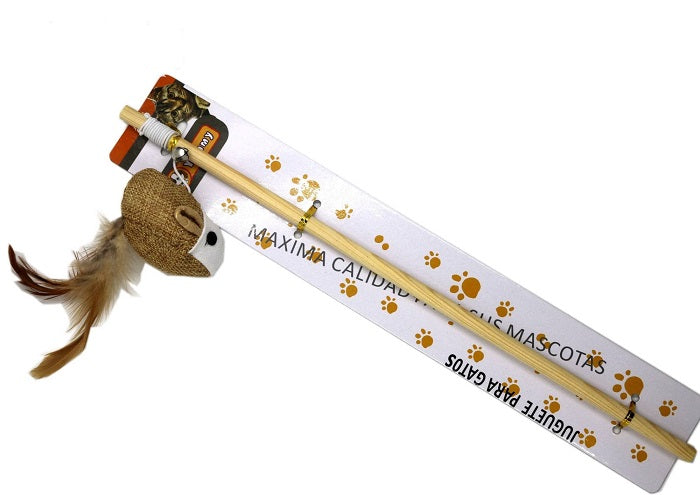 Jucarie Pentru Pisici -Undita Lemn, Soricel, Pene 40cm